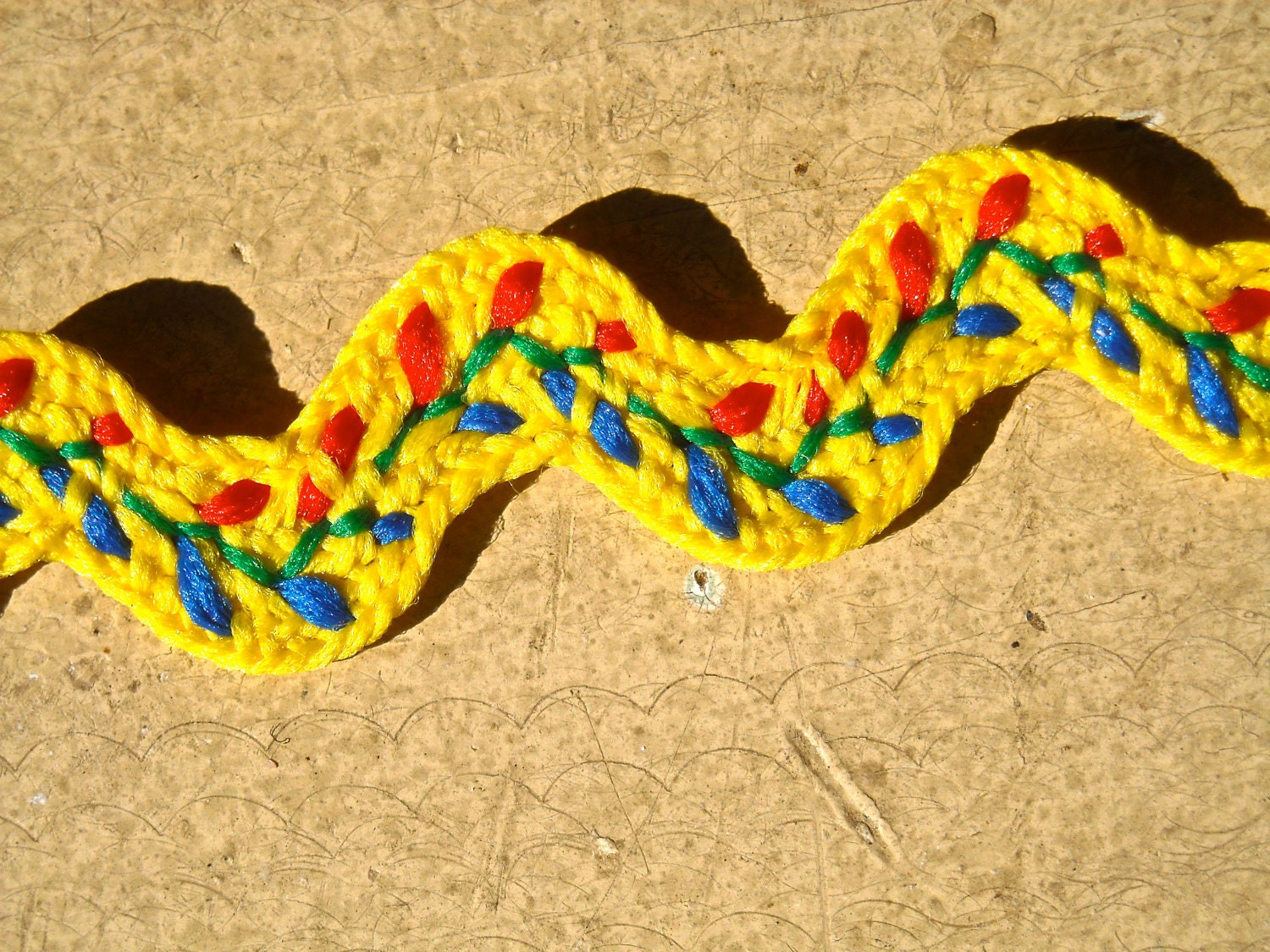 embroidered trim rickrack style yellow green red flower garland 3/4 inch wide