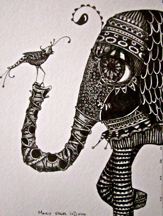 Illustration elephant and bird Art Prints by Mary Vogel Lozinak srajd zentangle zen tangle10x14 inches