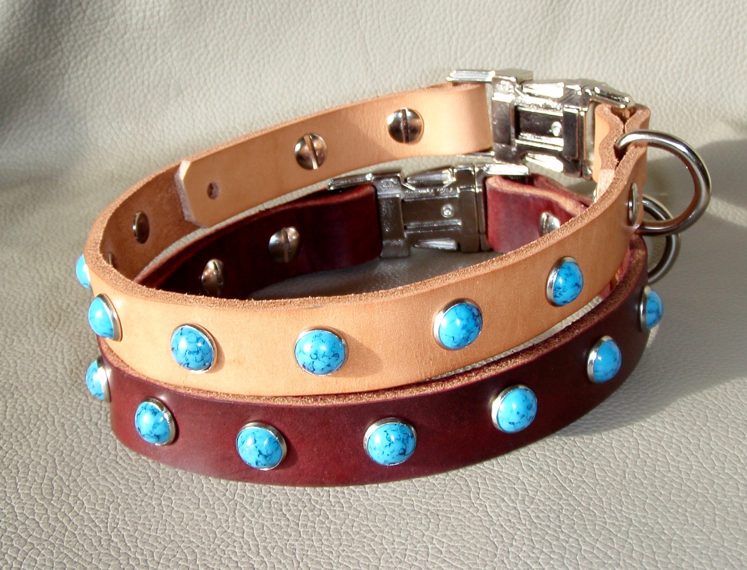 Custom Made 3/4 inch or 1 inch width Leather Collar, Adjustable Quick Release Buckle, Turquoise Gems or Choice of Gems and Color