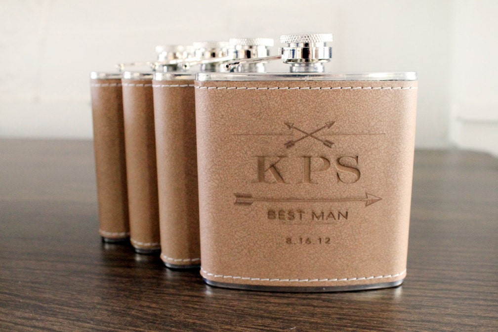 Set of 4 Laser Etched Flasks, ARROW Design: Customizable for Groomsmen, Bridal Parties, Gifts