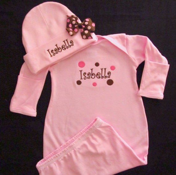 Baby Girl Gown with Mitten Cuffs Hat with Bow by JoannesEmbroidery