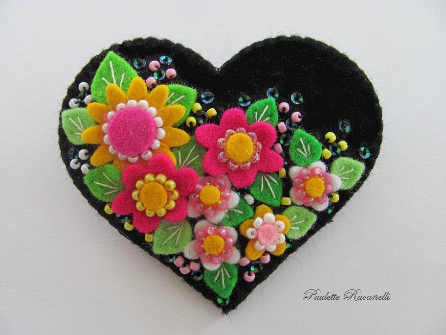 Felt Flower Heart Pin / Brooch