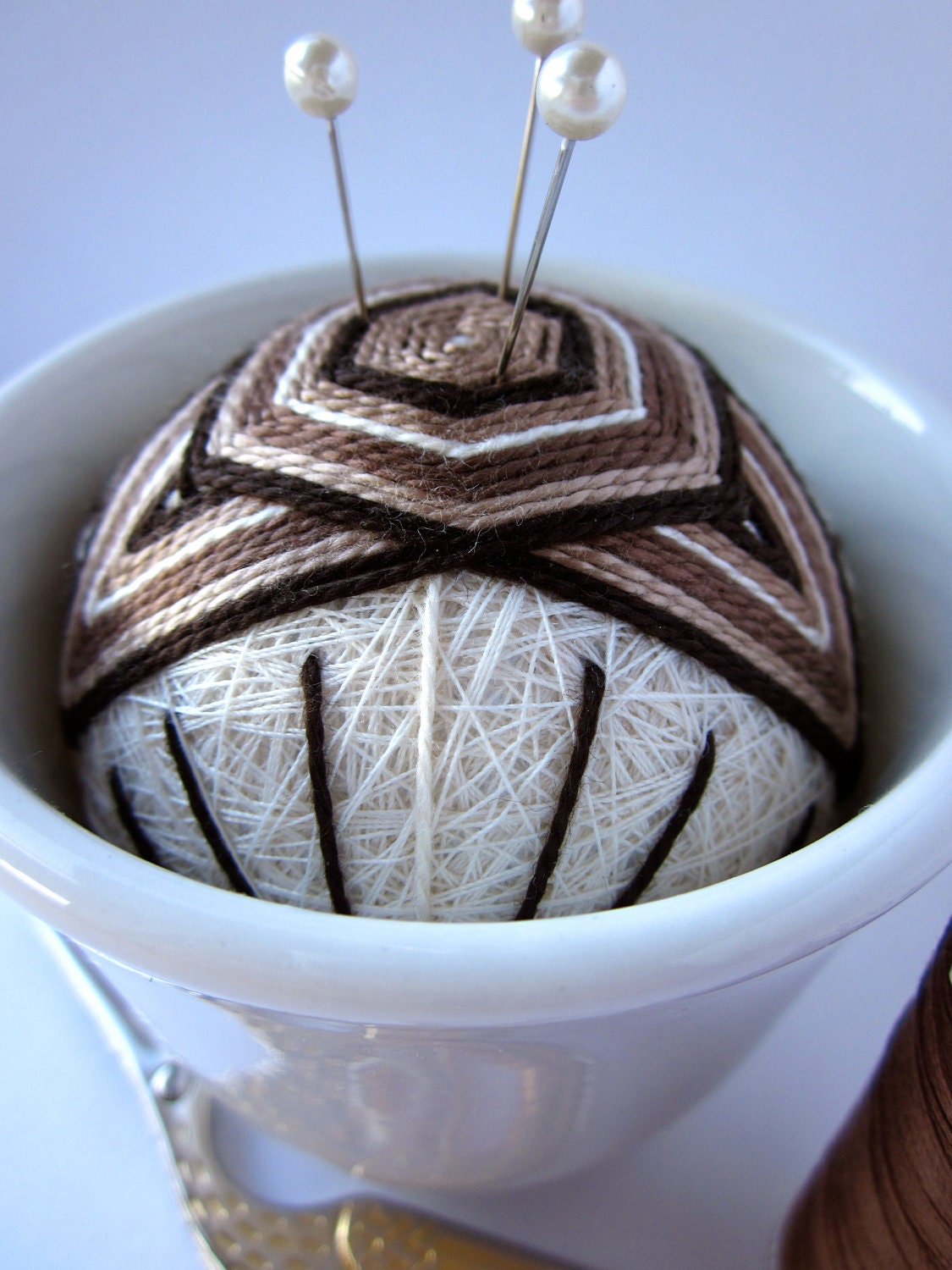 teacup pincushion - hand embroidered - japanese temari thread ball - china cup of chocolate - novelty pin cushion - gift idea