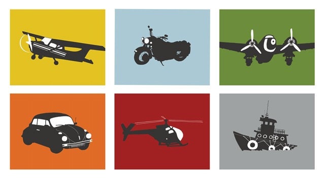 Transportation Wall Art, modern nursery prints, set of 6, 13 x 19 Art Prints - choose your colors