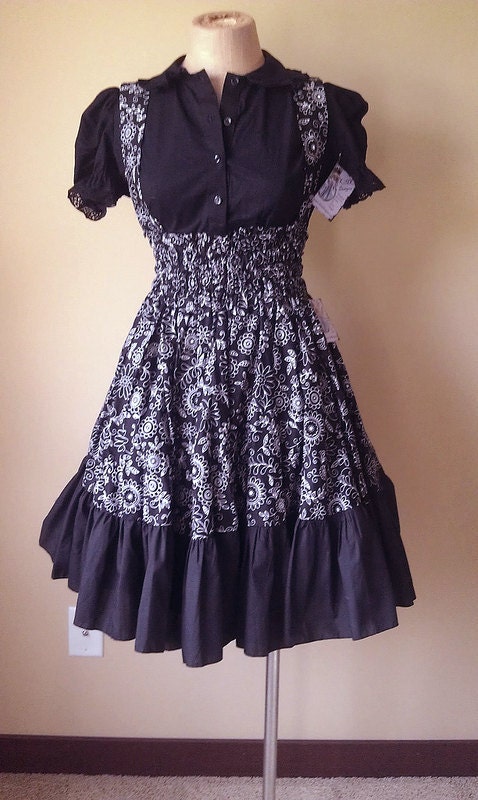 Gothic Lolita Jumper Dress Balck and White Cotton Print -Ready to Ship Small