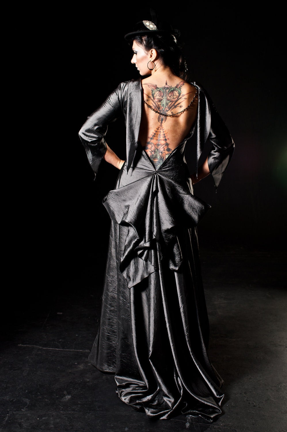 SALE Steampunk Backless Gown Diesel Punk Wedding Dress in Gunmetal Glamor - Ready to ship SMALL