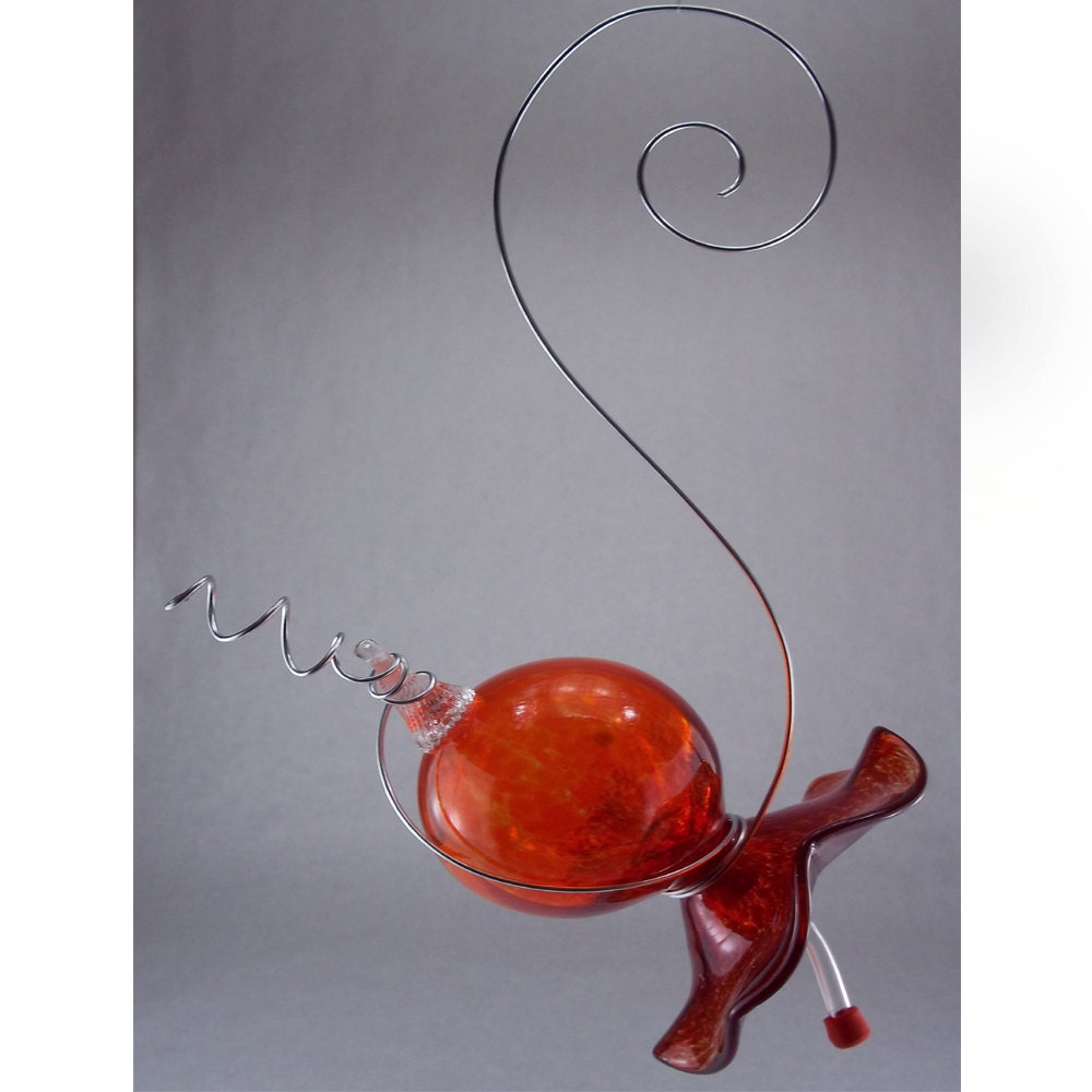 Blown Glass Hummingbird Feeder Red and Orange Free Shipping