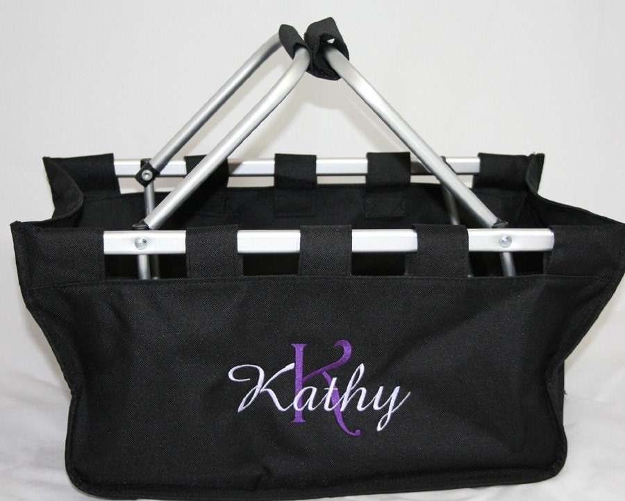 Black Personalized Market Tote Basket with Fancy Script Initial and Name