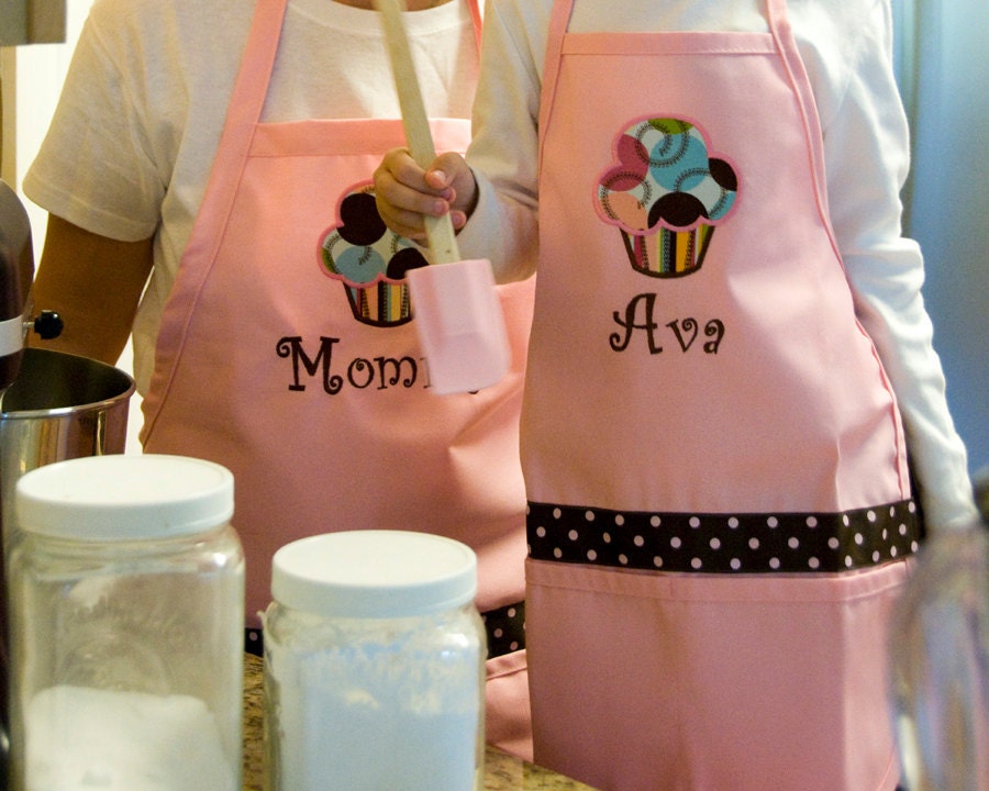 Personalized Mothers Day Apron Cupcake Pink matching Set Polka Dot Embroidered - Monogrammed