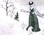 Arctic Queen Fairy ORIGINAL PAINTING gothic snow winter foxes
