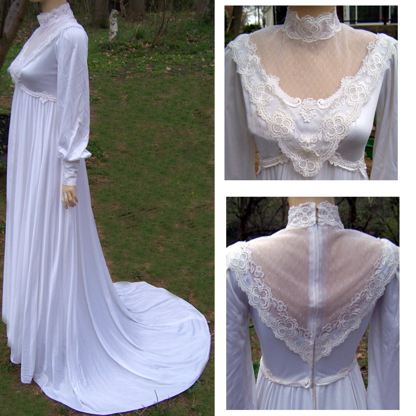 70s jersey pleated wedding gown lace long sleeves small size 2