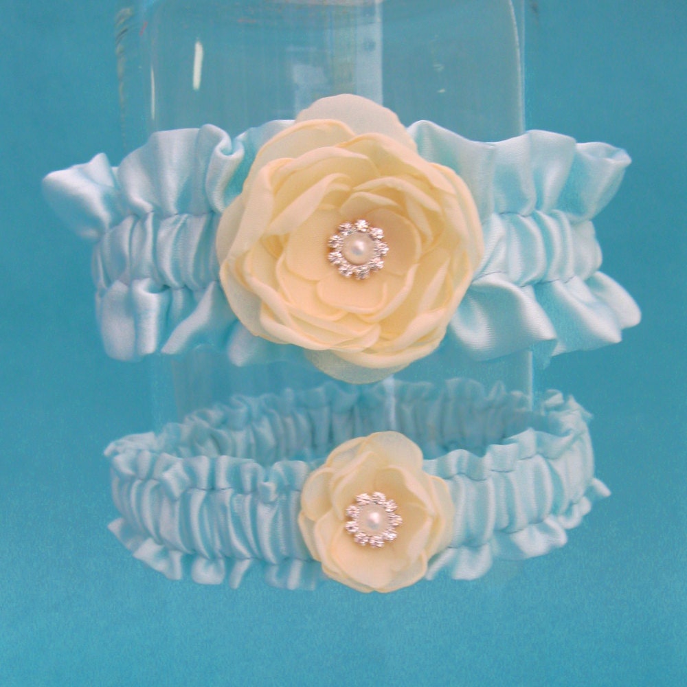 Wedding Garter Set Yellow Blue Satin, Flower Garter, Garter C021, bridal garter