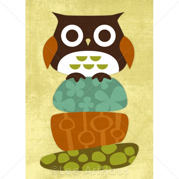 12R  Retro Owl on Stacked Rocks 5x7 Print