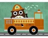 178R Retro Owl on Big Firetruck 5x7 Print