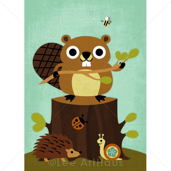 183R Retro Beaver Holding Branch 5x7 Print