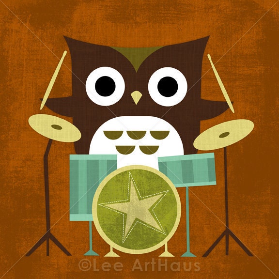 40R Retro Owl with Drums 6x6 Print