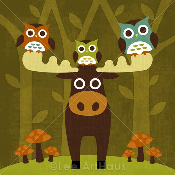 86R Retro Owls and Moose 6x6 Print