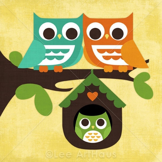 61B Bright Owl Family in Tree 6x6 Print