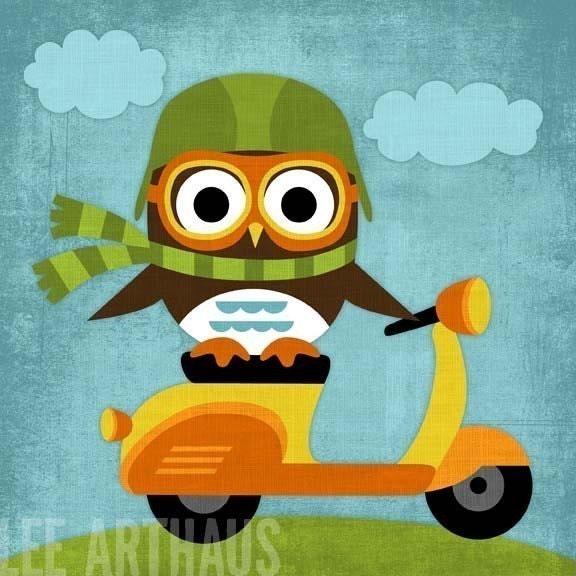 Bright Owl on Vespa 6 x 6 Print