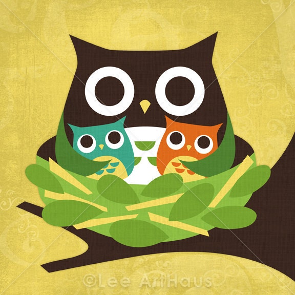 77B Bright Mom with Boy and Girl Owls 6x6 Print