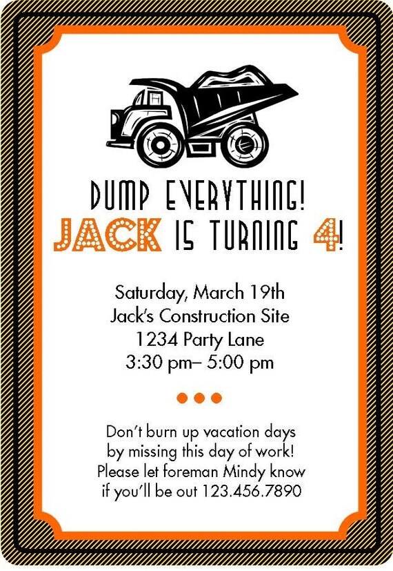 PRINTABLE DIGITAL FILE Construction Party Invitation and Envelope Insert Il_570xn