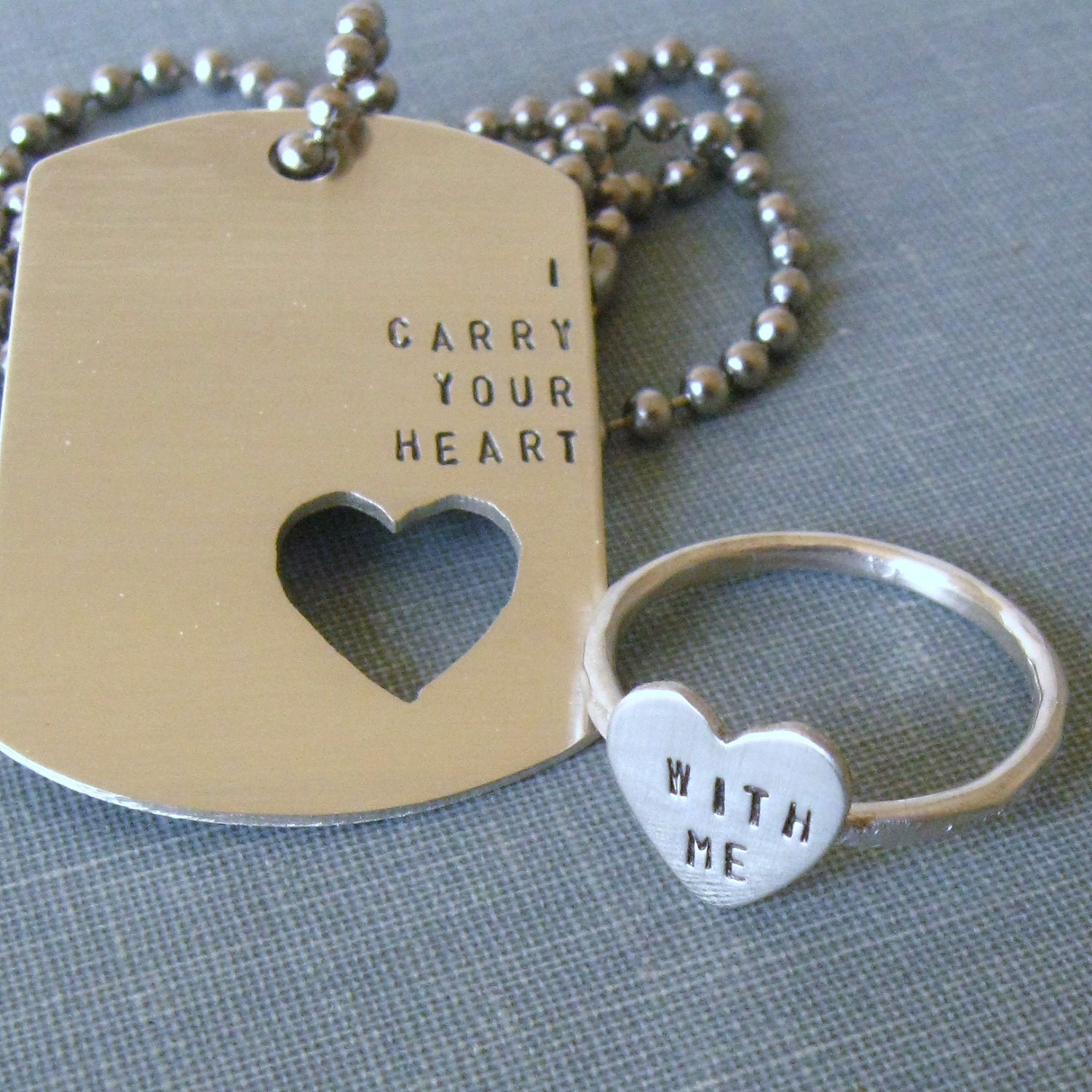 I Carry Your Heart dog tag  and sterling silver HEART ring (INTERTWINE)