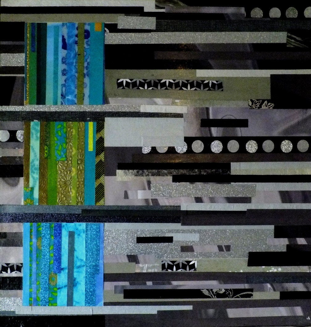 Print: Black with Blue Squares, 10x10  Based of original mixed media collage