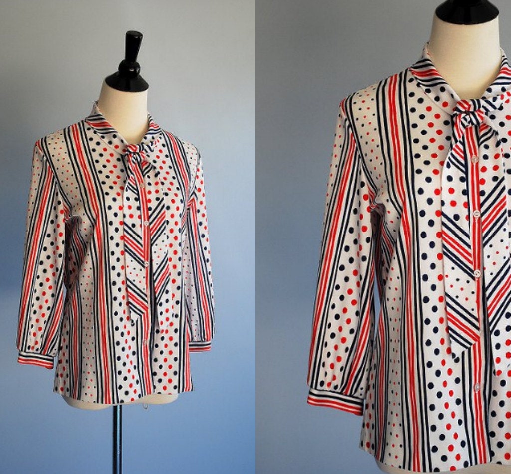 50% off SALE 1970s retro blouse / red, white, blue / shirt / Donovan-Galvani of Dallas