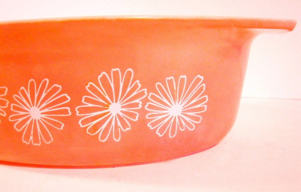 vintage casserole dish PINK white pyrex - oval - two and half quart