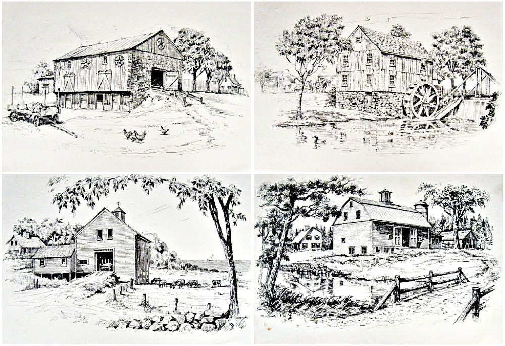 vintage country barn prints - set of 4