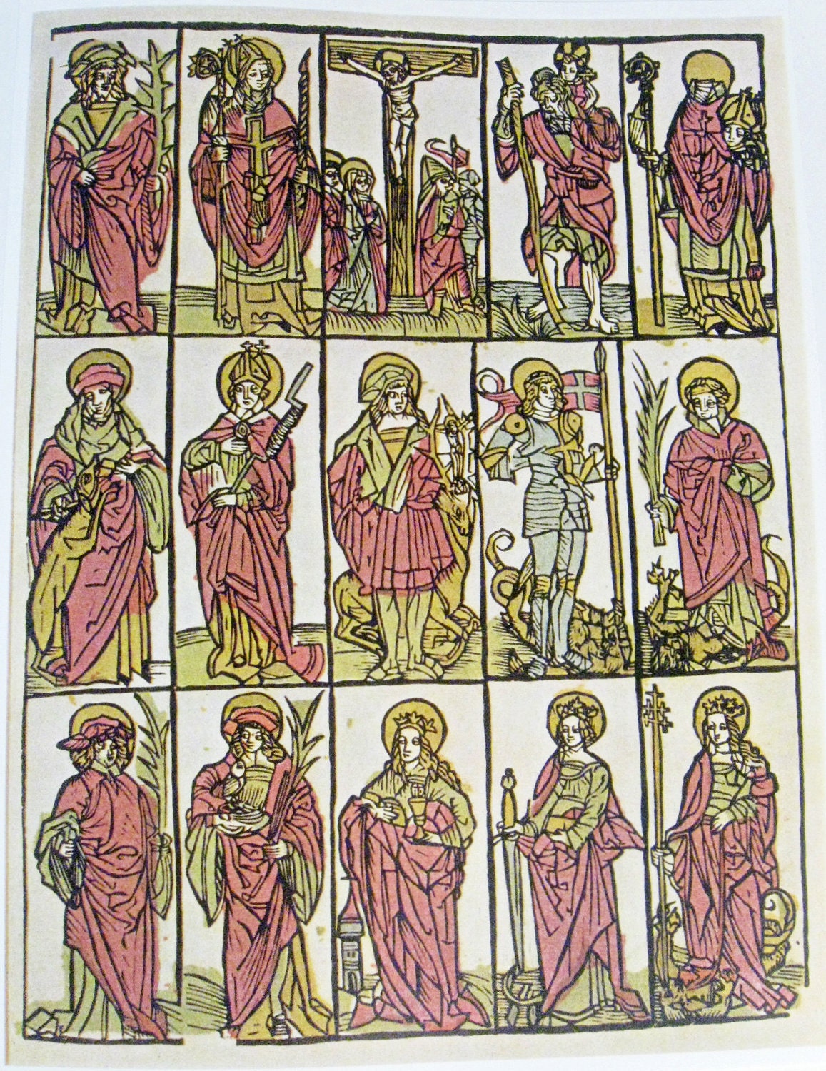 vintage print - Crucifixion and Fourteen Auxiliary Saints - 15th Century - 8 x 10
