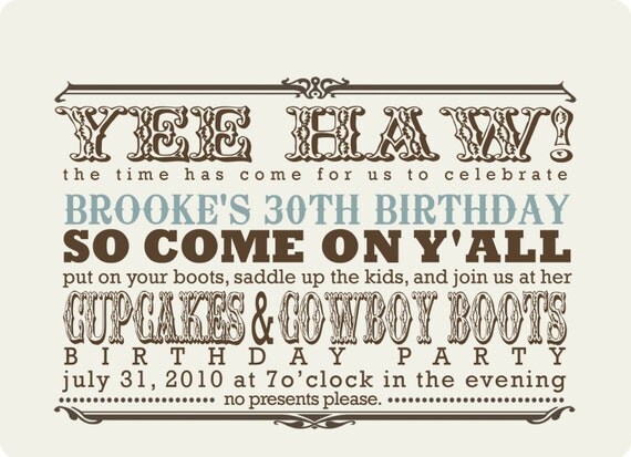 custom western party invitation - cupcakes and cowboy boots.