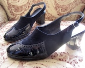 vintage 1960s 1970s black PATENT leather suede brogue PLATFORM mod slingback heels chunky forties clogs style womens 8 1/2 GORGEOUS gothic