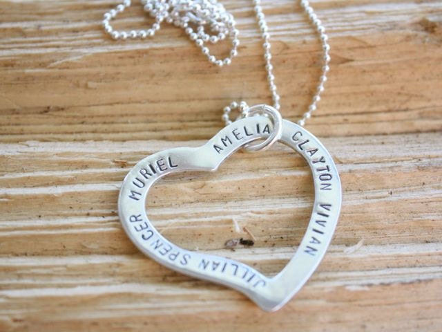 Large Open Floating Heart Charm Tag Hand Stamped Necklace