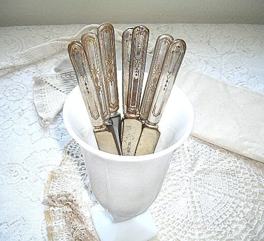 silver knives - vintage set of 7 mis matched silverware or dinnerware - shabby chic cottage decor - hollywood regency