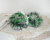 silver and green Christmas tinsel garland - vintage banner supplies - sparkly tree or present trim - shabby chic cottage decor -