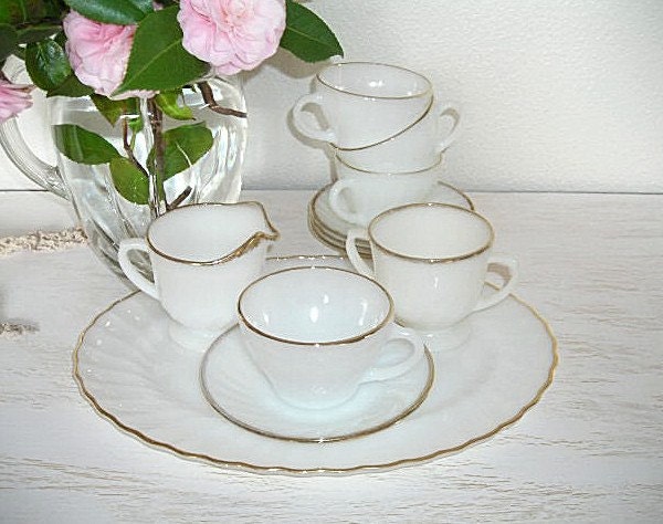 afternoon tea time set - vintage fire king gold rimmed milk glass  - creamy white tea service - shabby chic cottage decor