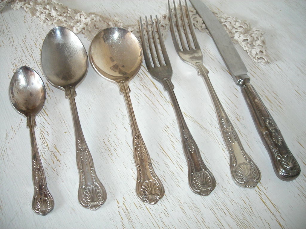 vintage silverware - sarosh silver plate flatware - set of 42 pieces - shabby chic cottage decor -  ornate hollywood regency - wedding gift
