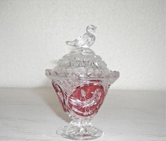 ruby red footed candy dish with bird by shesitsbytheseashore
