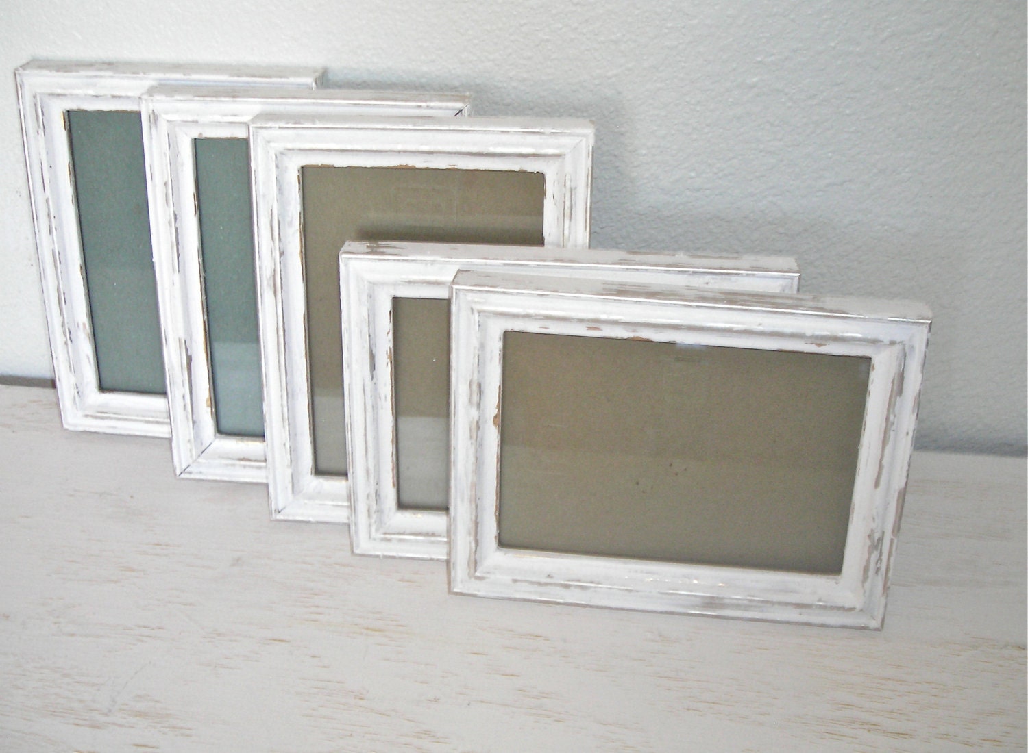 creamy white distressed picture frames with silver and gold accents - set of 5 - instant photo gallery or wedding table decor - cottage chic