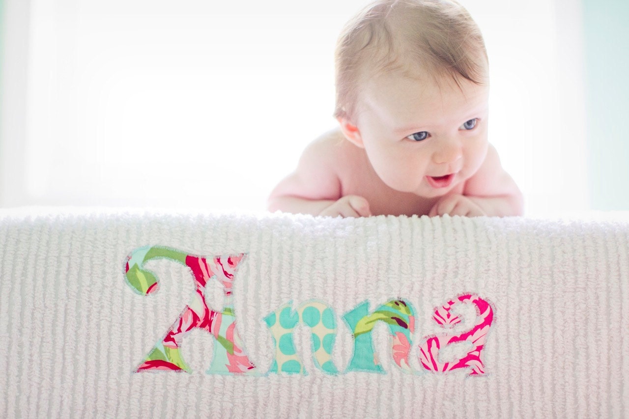 Monogrammed Baby Blanket in BREEZE, Aqua Blue Dot Minky and Pink Chenille, Personalized with Your Baby Girl's First Name in Fabric