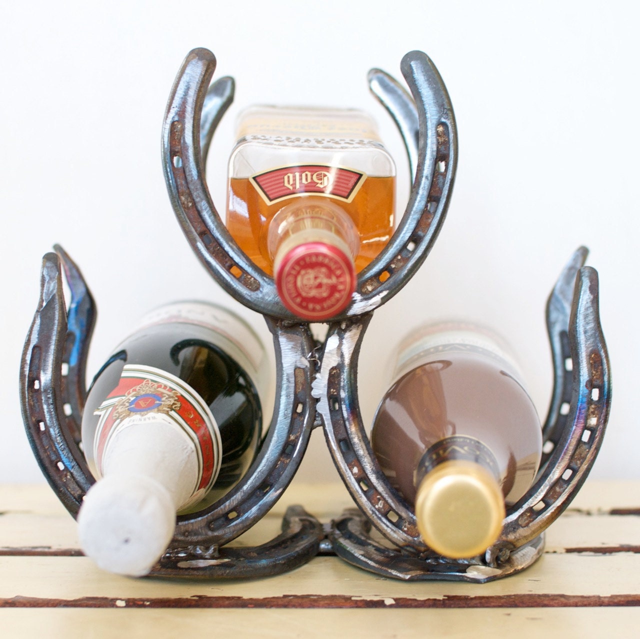 Handmade Horseshoe Wine Rack / 3 Bottle Holder