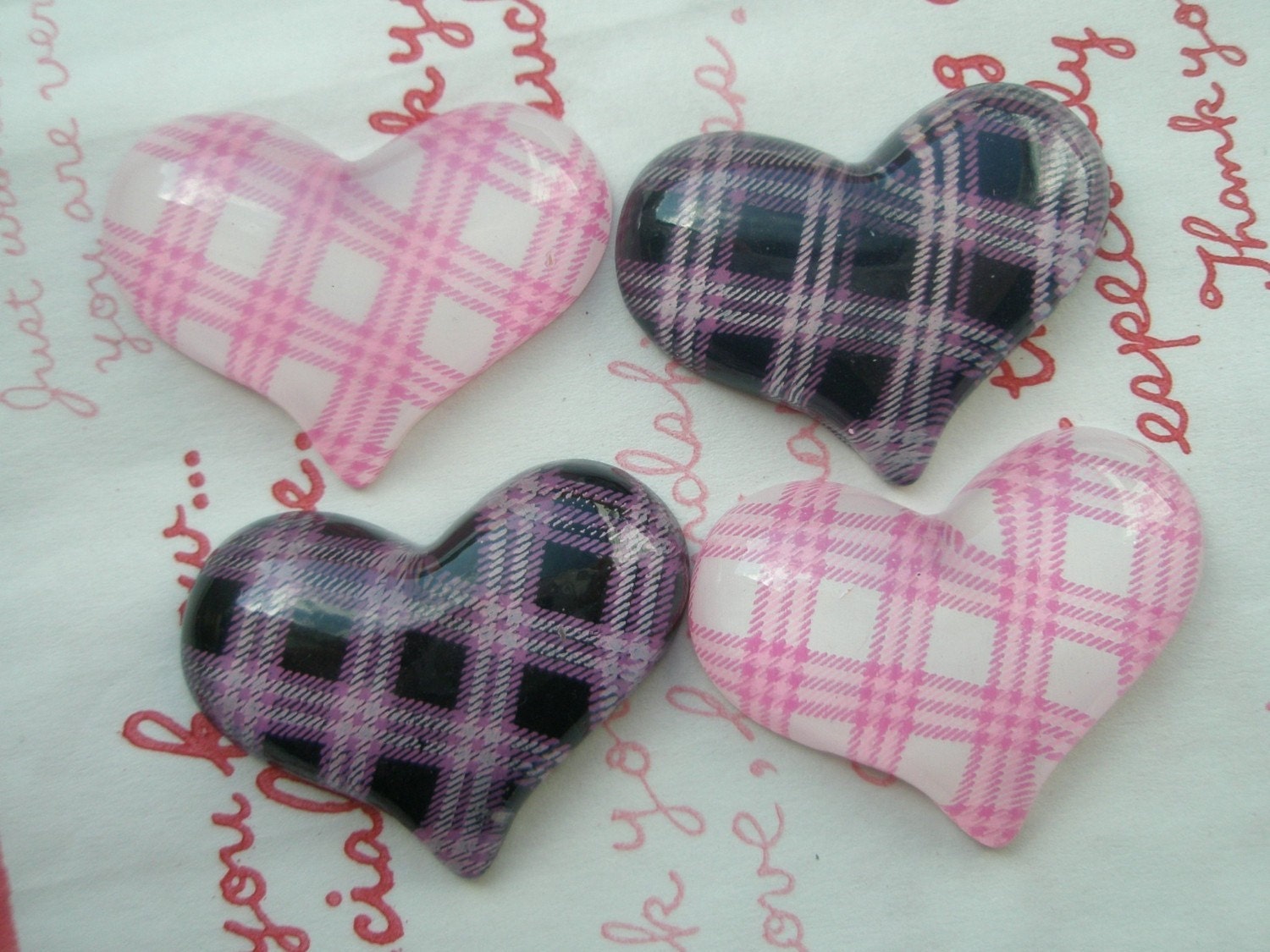 Plaid heart  cabochons Set 4pcs Black White
