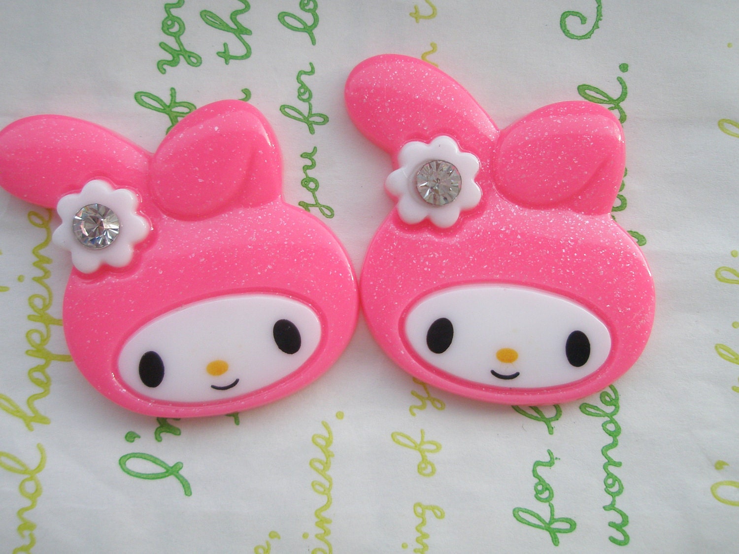 Big glitter bunny cabochon 2pcs 39mm x 34mm ( Flat ) Dark pink