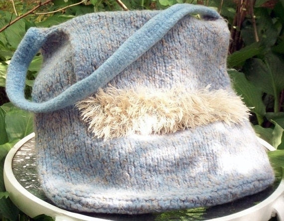 Hand Knitted Felted Tote Bags - Light Blue or Grey and White - Ready to Ship - Spring and Summer Accessory