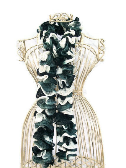 Hand Knit Lacy Ruffled Scarf - Black and White - Spring and Summer Fashion Accessory - Ready to Ship