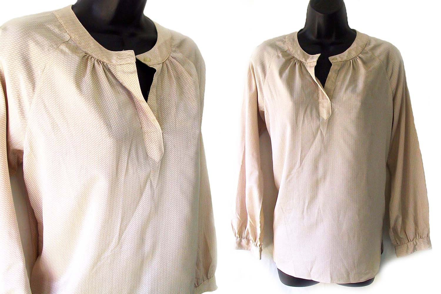 70s 80s Khaki and Ivory Geometric Print Blouse S M
