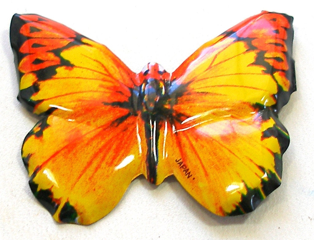 Tin toy BUTTERFLY brooch Japanese metal jewelry, yellow & orange insect.