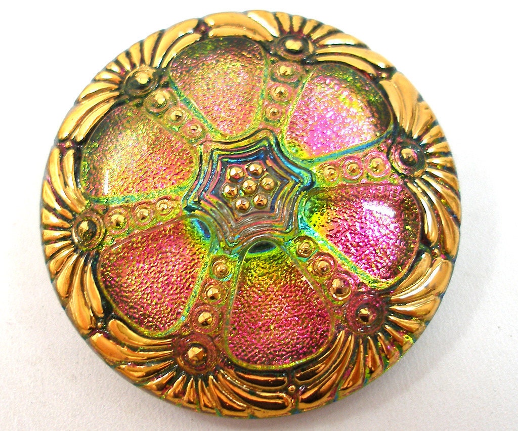 XL Czech Glass button, Strawberry lime sparkle, 42mm.