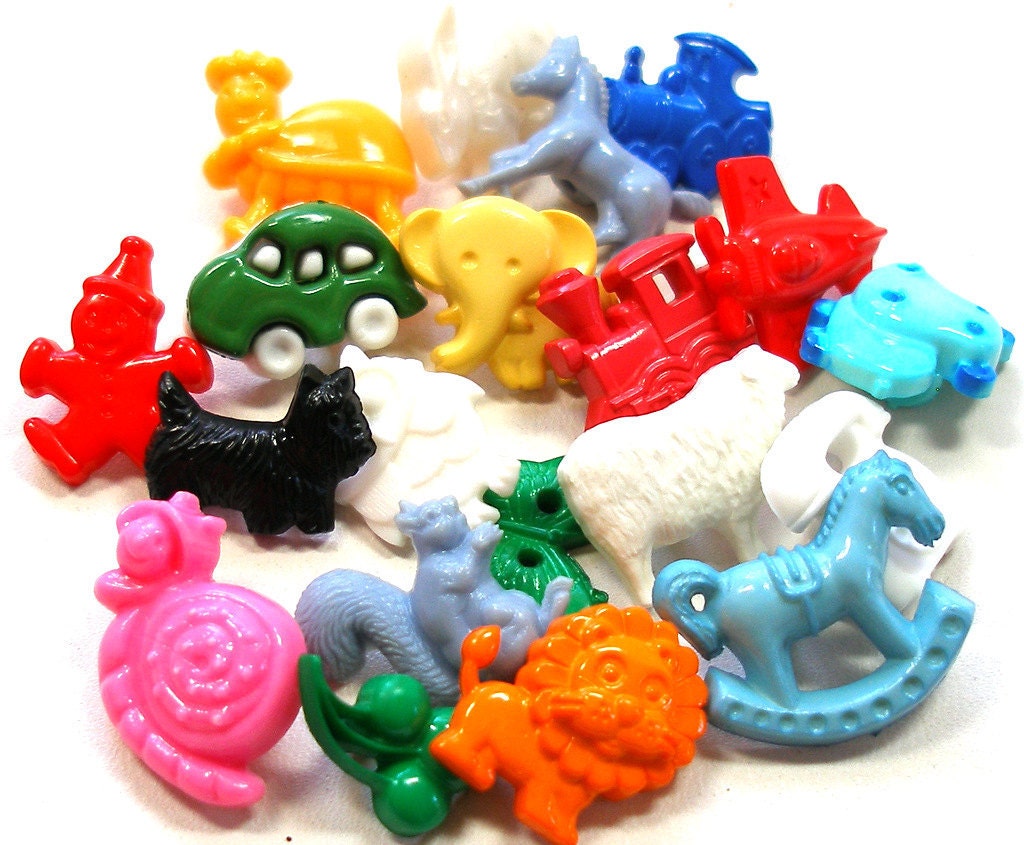 Colorful kids buttons, 20 figural plastic includes animals and transportation.
